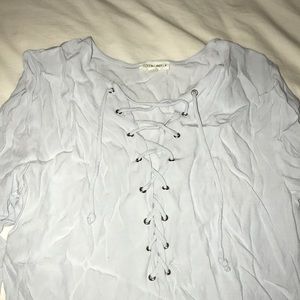 Light blue lace up blouse